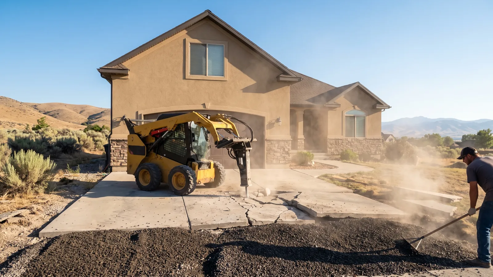 Skid steer breaking out a cracked, settled builder-grade driveway at a 2000s tract home in a Meridian subdivision, new gravel base staged on the curb