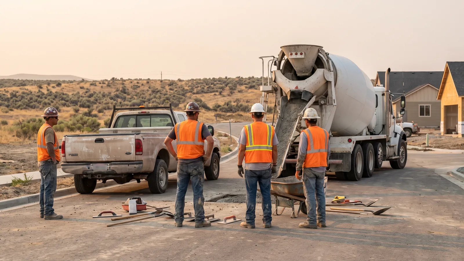 The Meridian Concrete Co. crew beside a ready-mix truck and their pickup on a new subdivision street in Meridian, Idaho