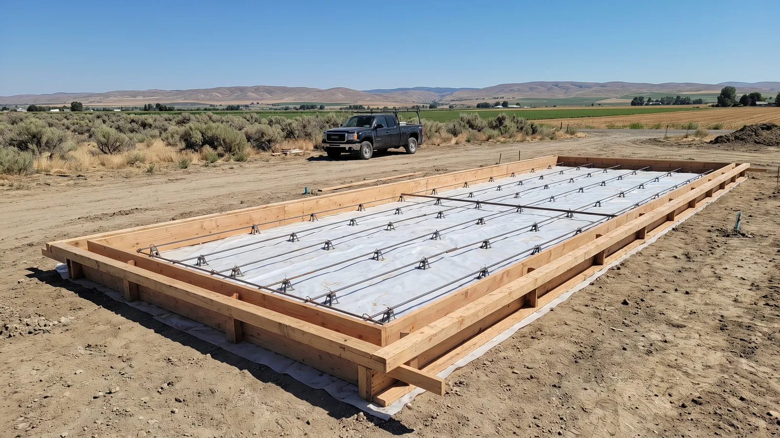 Forms and rebar laid out for a large shop slab with thickened edges on an acreage lot in the Treasure Valley, a metal shop frame behind it