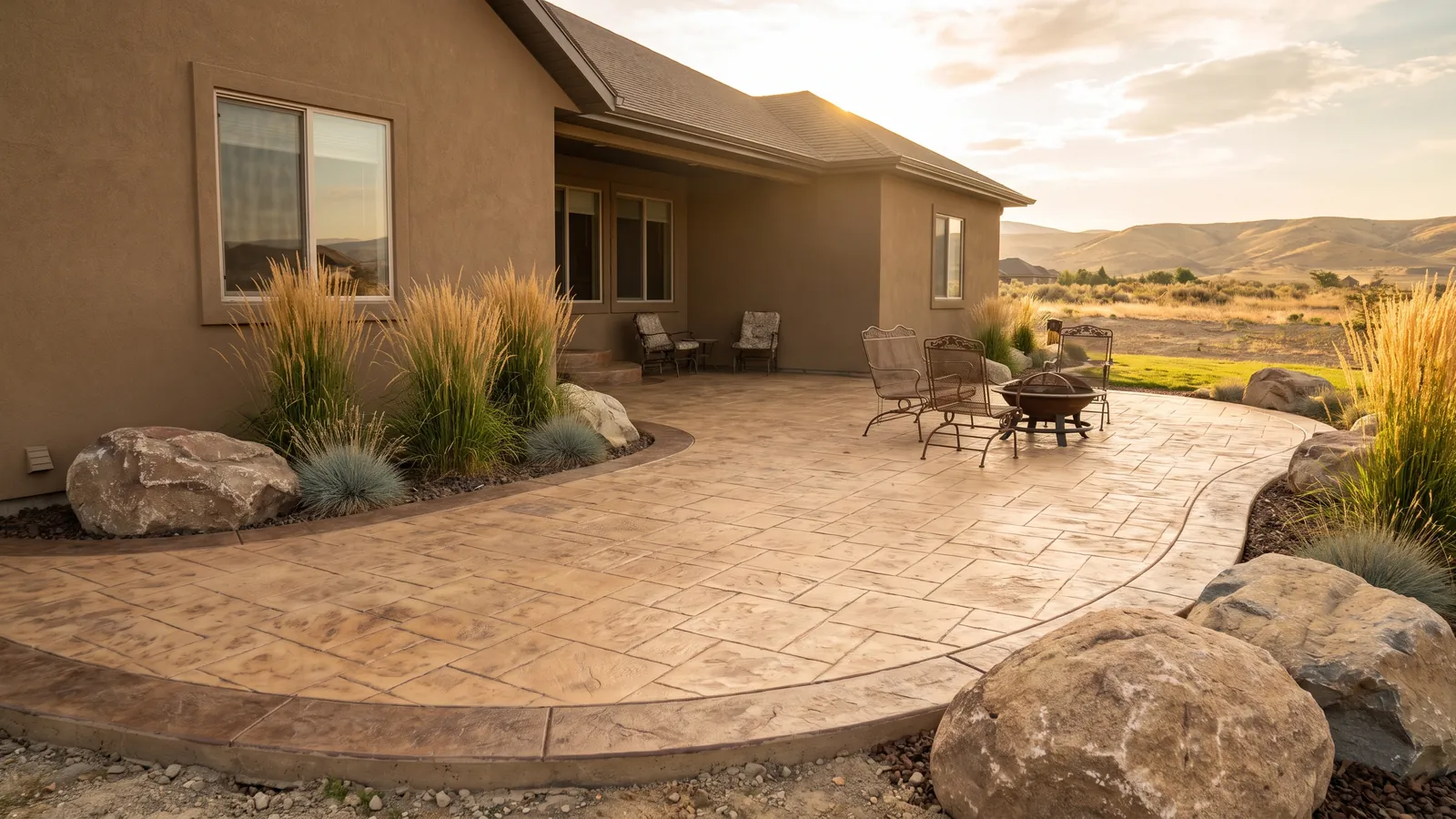 Finished stamped concrete patio in an ashlar slate pattern with warm tan color and a dark border behind a Treasure Valley home, late afternoon light